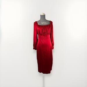 Eilly Bazar Red Satin Holiday Midi Dress Long Sleeve Romantic Size L Bridgerton